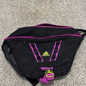 adidas Black and Purple Crossbody Backpack with Neon Yellow Accents